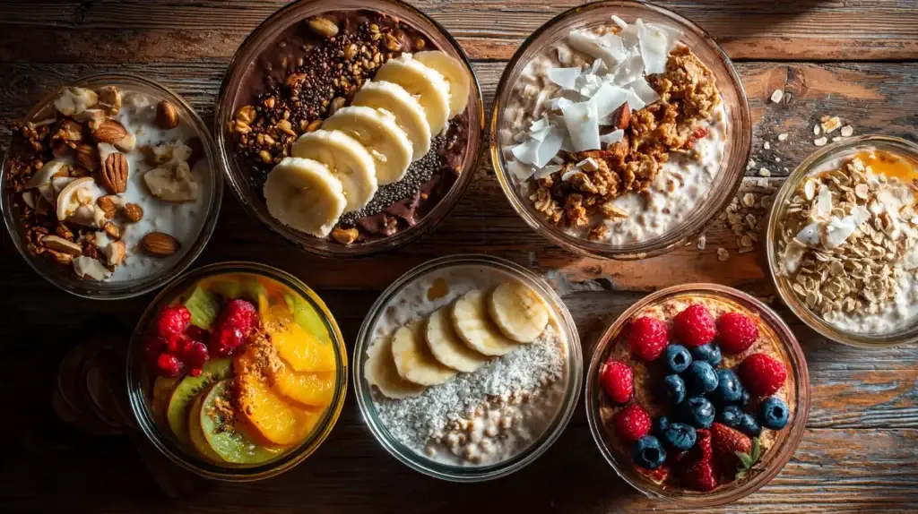 glass jars of healthy overnight oats topped with fresh blueberries, raspberries, banana slices, almonds, and granola on a light background — a no-cook, make-ahead breakfast recipe idea