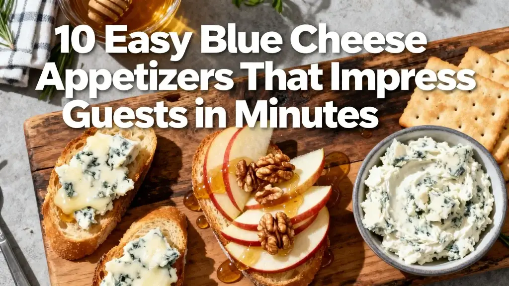 elegant blue cheese appetizers, including crostini with melted blue cheese, apple slices topped with walnuts and honey drizzle, and creamy blue cheese spread with crackers, styled on a rustic wooden board