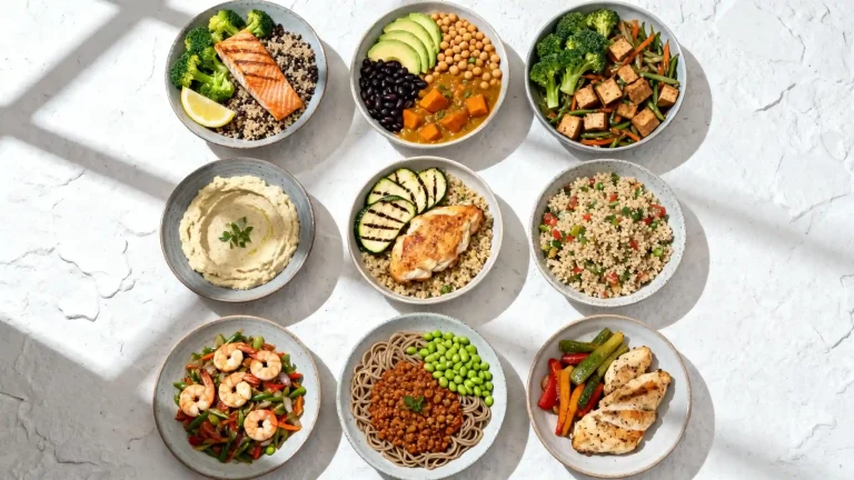 healthy dinner ideas collage – quick, high-protein, one-pot bowls