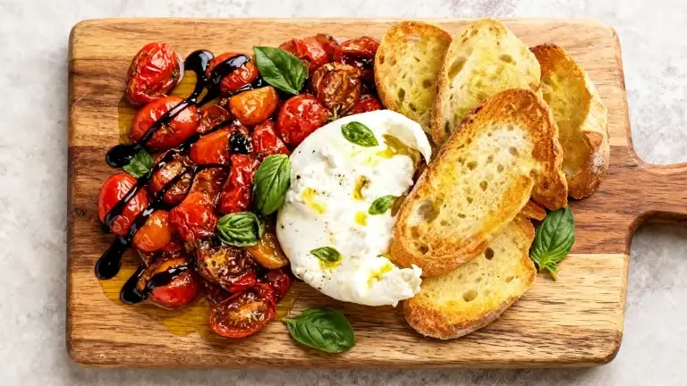 Burrata with roasted cherry tomatoes, balsamic juices, toasted crostini, and fresh basil.