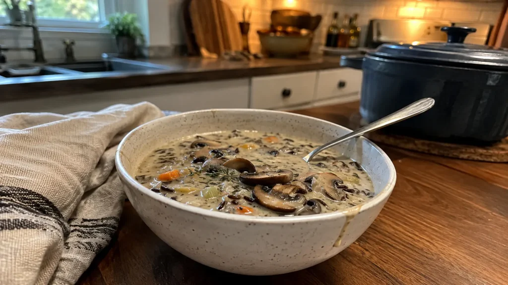 Creamy mushroom wild rice soup with carrots, celery, herbs, and chewy wild rice in a speckled ceramic bowl.