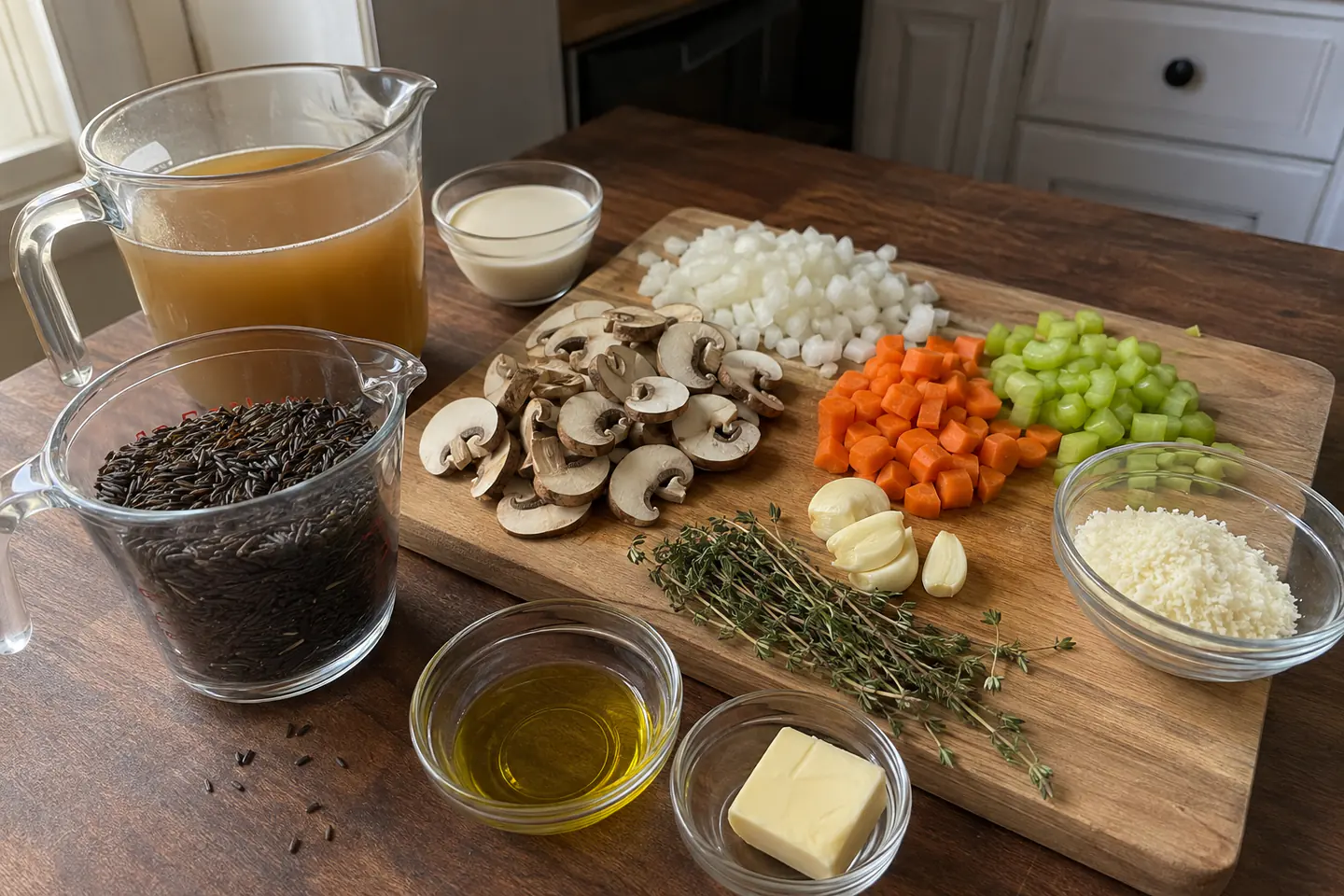 Wild rice, cremini mushrooms, onion, carrots, celery, garlic, thyme, broth, cream, and Parmesan for mushroom wild rice soup.