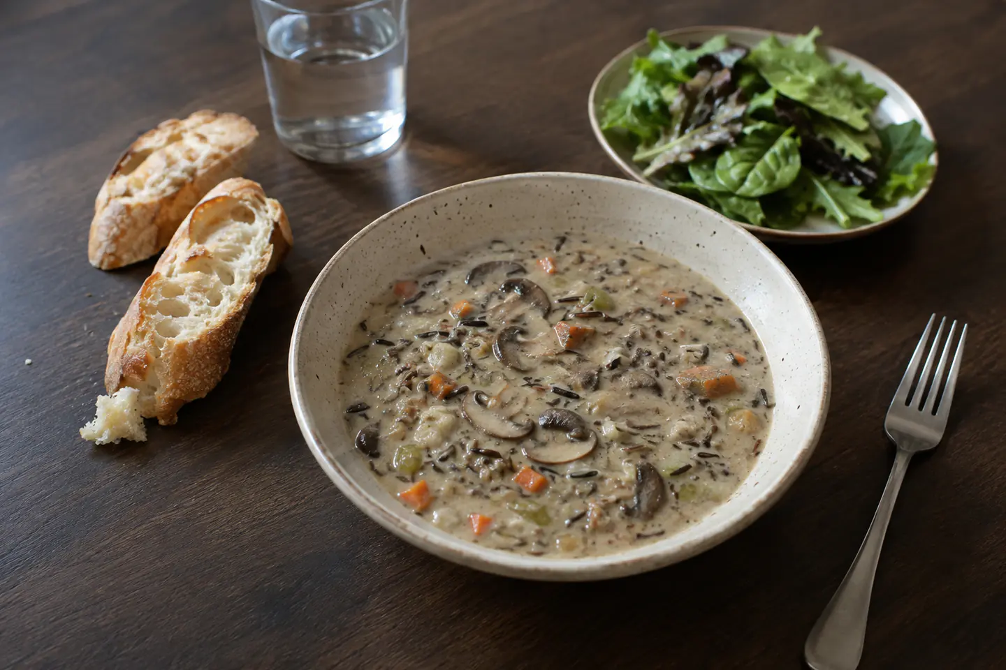 Mushroom wild rice soup served with crusty bread and a simple green salad on a home table.