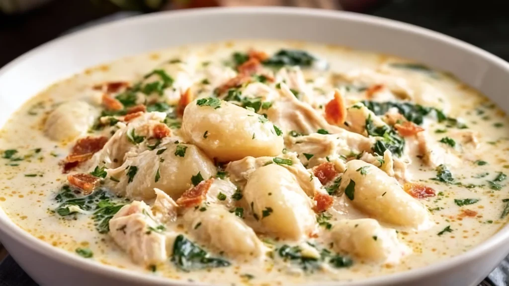 creamy crockpot chicken gnocchi soup with spinach and vegetables