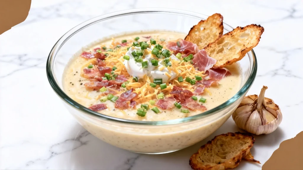 creamy crockpot potato soup topped with bacon, cheddar and chives