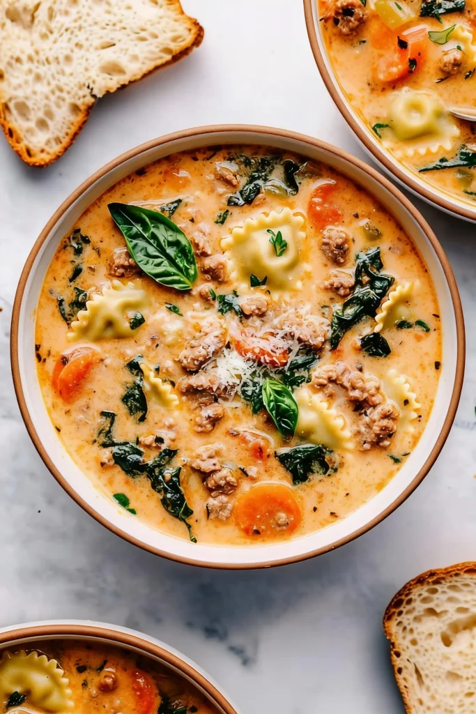 slow cooker tortellini soup with tomatoes, spinach and parmesan