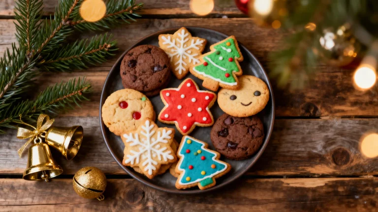 Assorted homemade Christmas cookies with cutouts, gingerbread, chocolate cookies, and butter cookies on a holiday table.