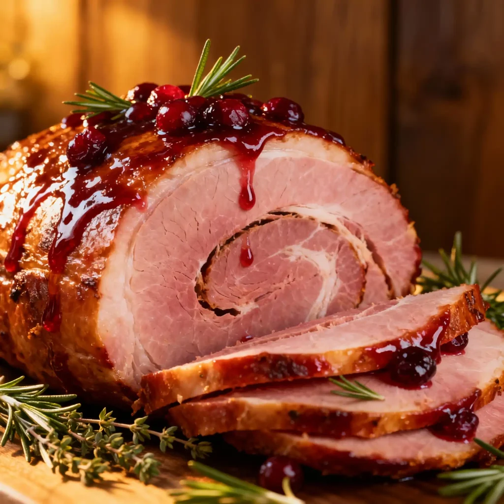 Glazed spiral ham cooking in a slow cooker for an easy Christmas dinner.