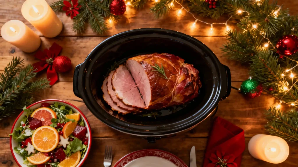 Christmas dinner table with glazed ham, winter citrus salad, green beans, mashed potatoes, and rolls.