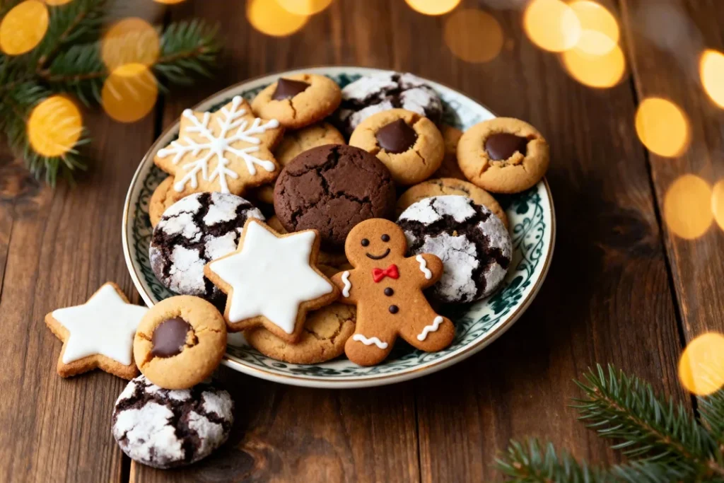 Assorted homemade Christmas cookies arranged on a casual holiday platter.