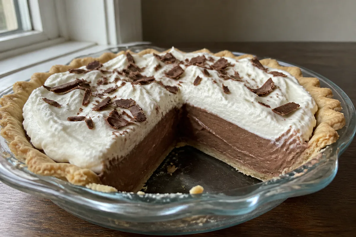Silky chocolate cream pie topped with softly whipped cream and scattered chocolate curls.