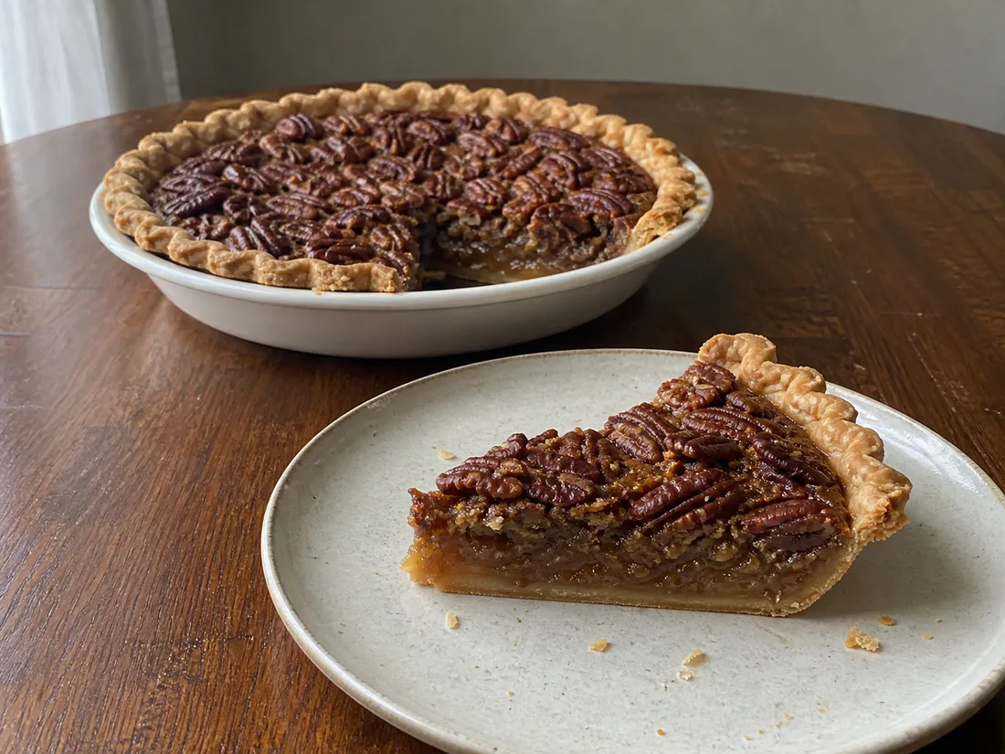 Thanksgiving pecan pie with a glossy nut filling and one clean slice on a plate.