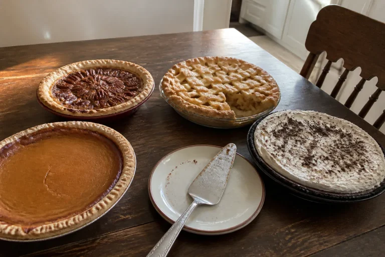 Thanksgiving dessert table with pumpkin, pecan, apple, and chocolate cream pies.