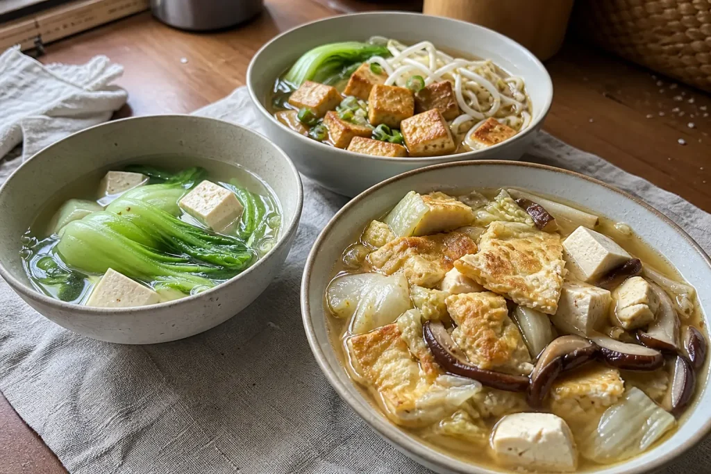 Three tofu soup recipes with napa cabbage and egg, crispy tofu noodles, and bok choy