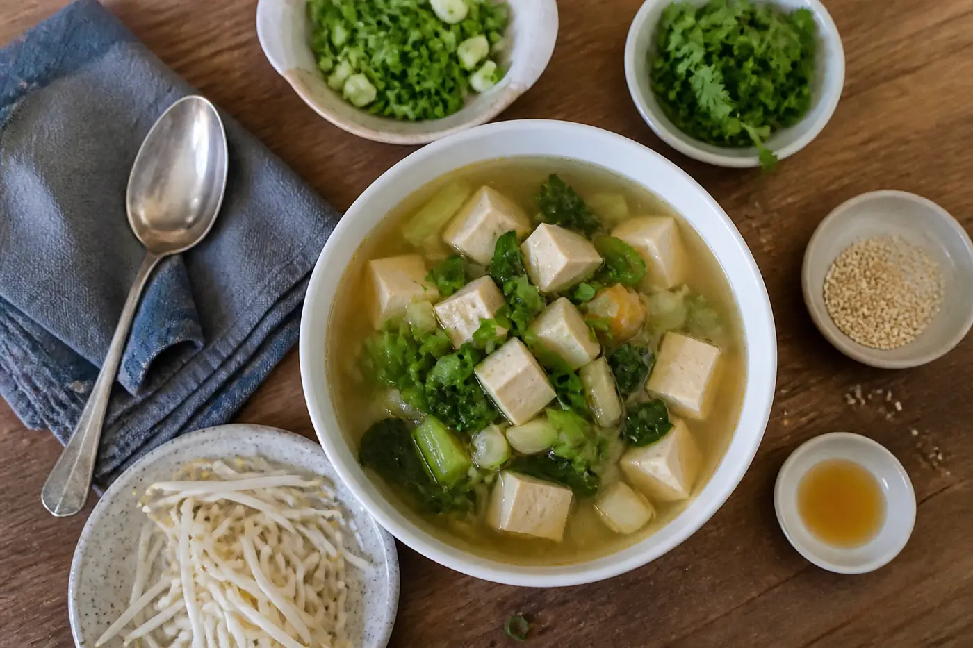Tofu soup with scallions, cilantro, sprouts, sesame seeds, and sesame oil for topping