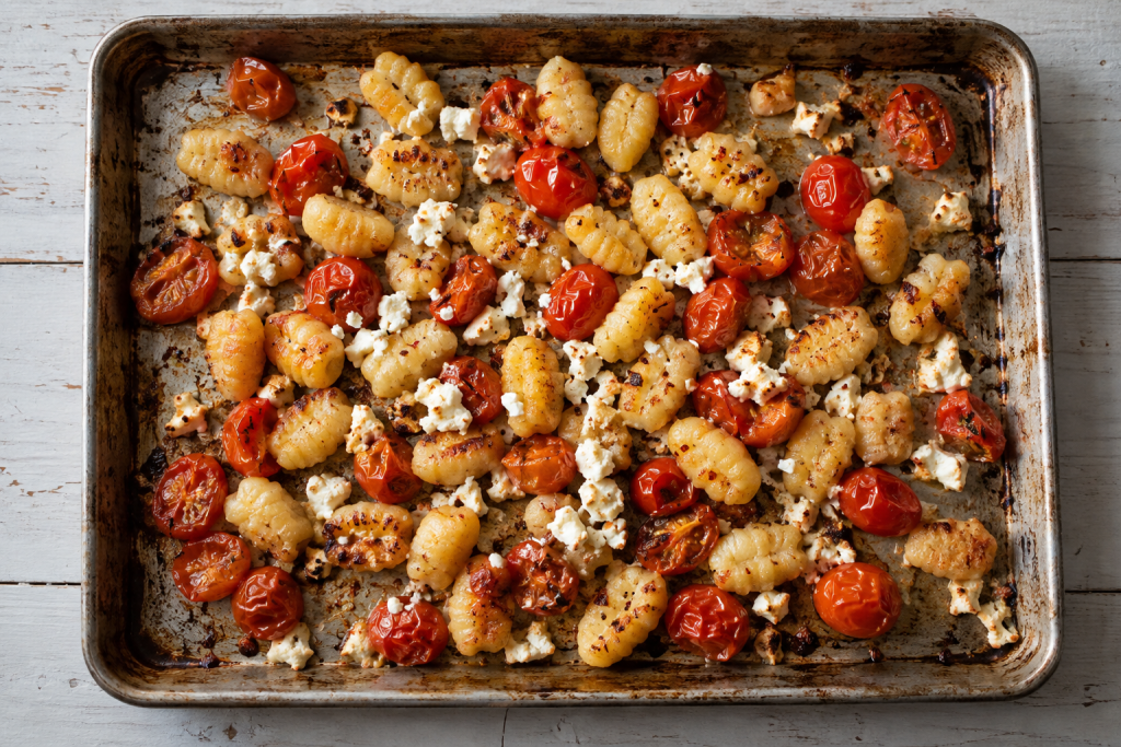 Sheet-pan gnocchi with cherry tomatoes and crumbled feta.
