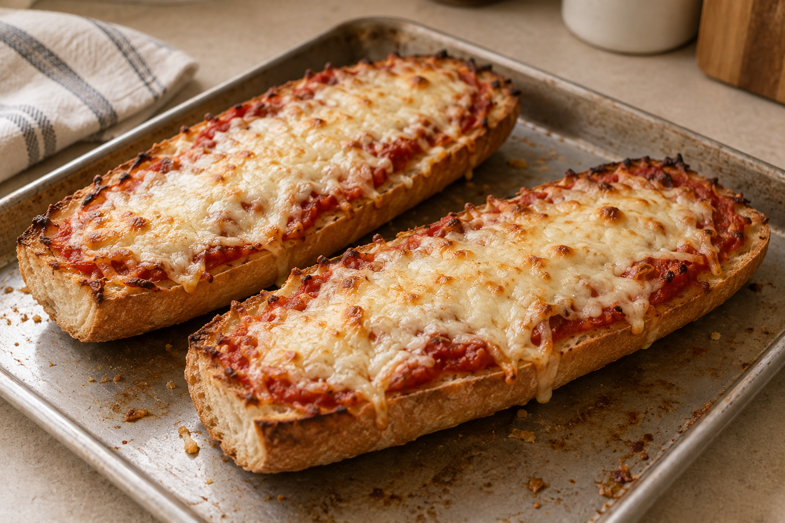 French bread pizza with tomato sauce and melted cheese on a sheet pan.