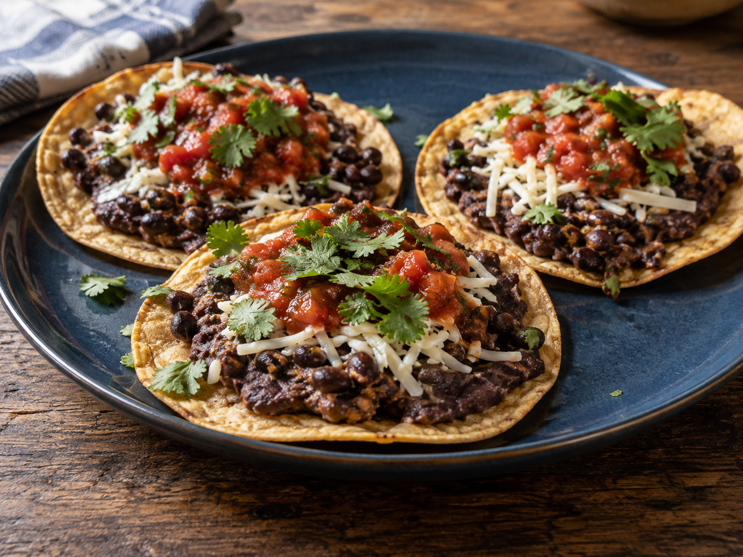 Black bean tostadas topped with cheese, salsa, and cilantro.