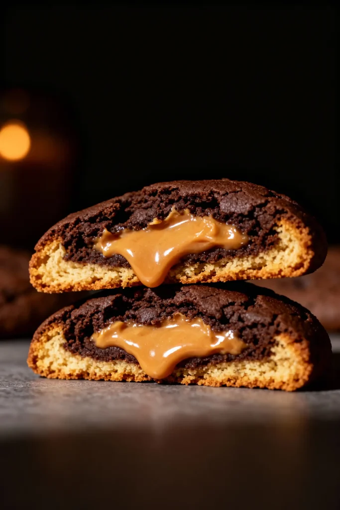 Chocolate peanut butter cookies showing soft centers and baked edges.