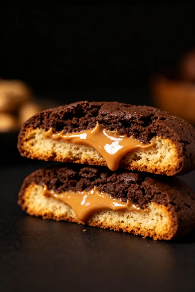 Chocolate cookies filled with peanut butter centers for a holiday tray.