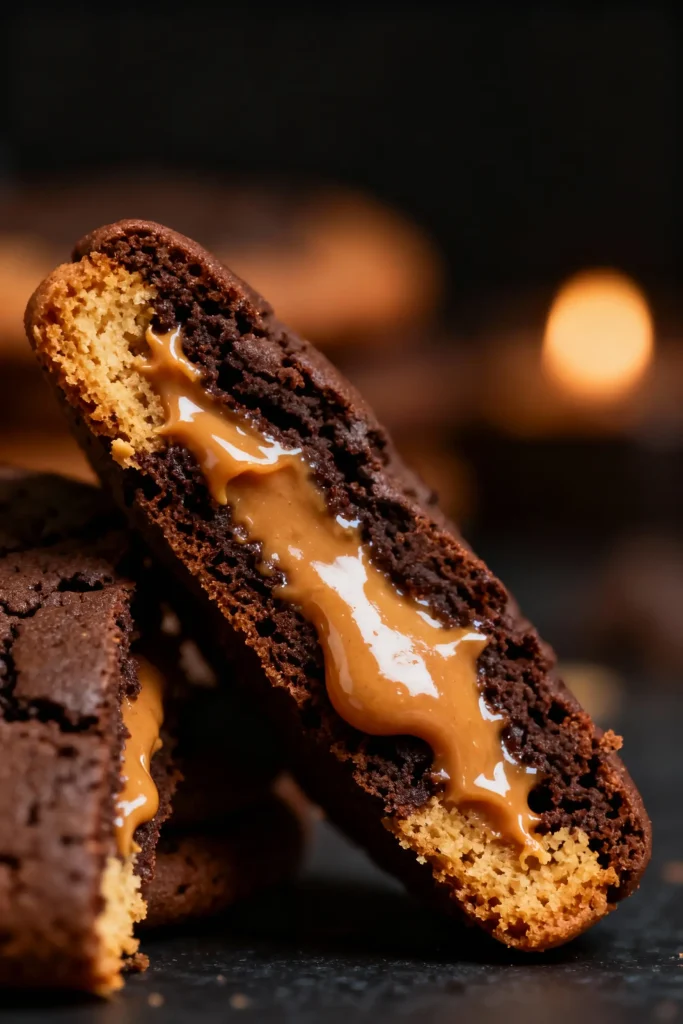 Chocolate peanut butter magic middle cookies on a baking tray.