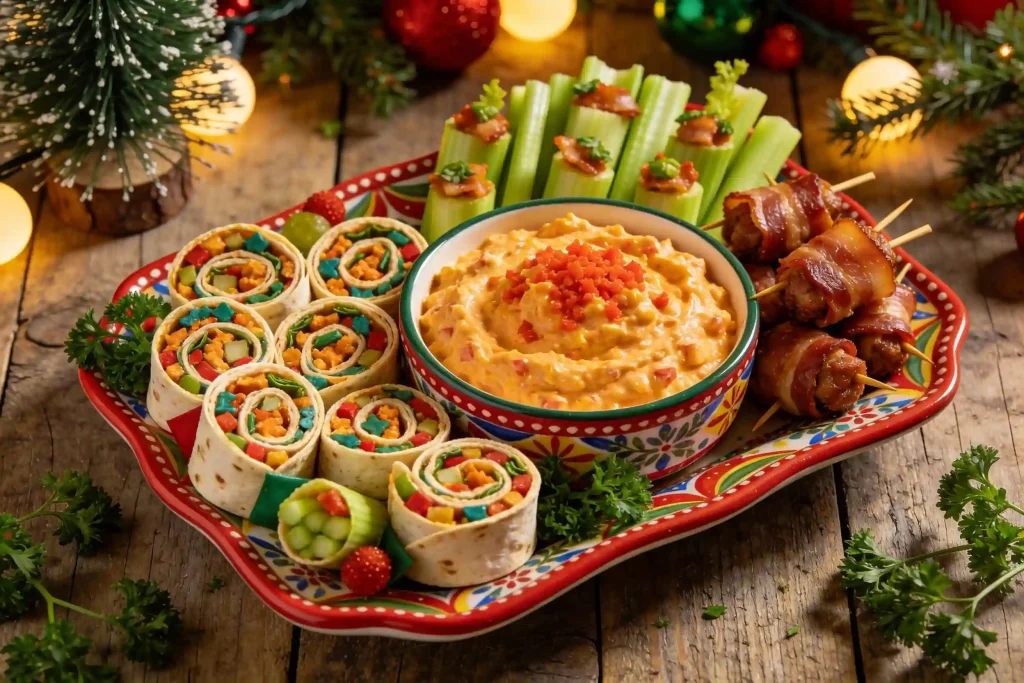 Christmas appetizer platter with pimento cheese dip, tortilla pinwheels, stuffed celery, crackers, and crostini.