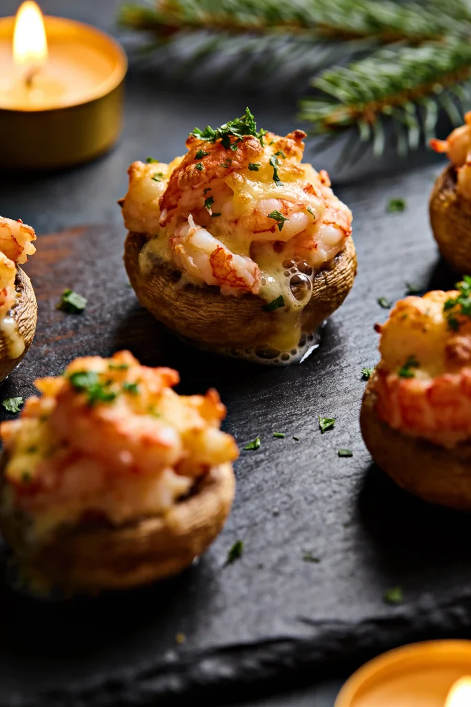 Baked mushrooms filled with a creamy crab mixture for a New Year's Eve appetizer.