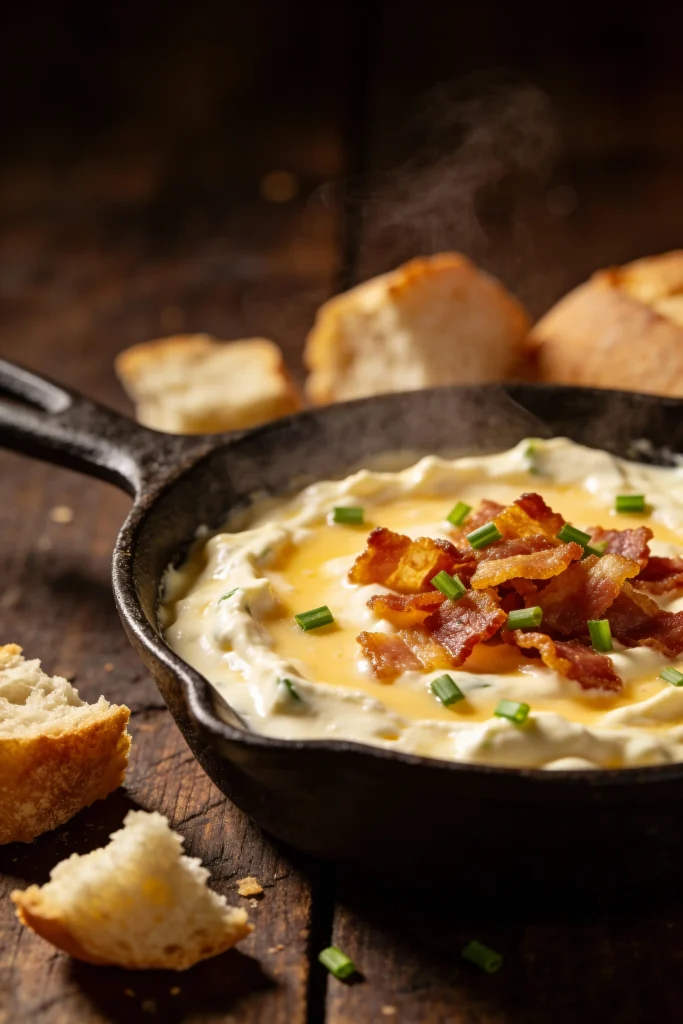 Creamy bacon dip topped with green onion and served with crackers for New Year's Eve.