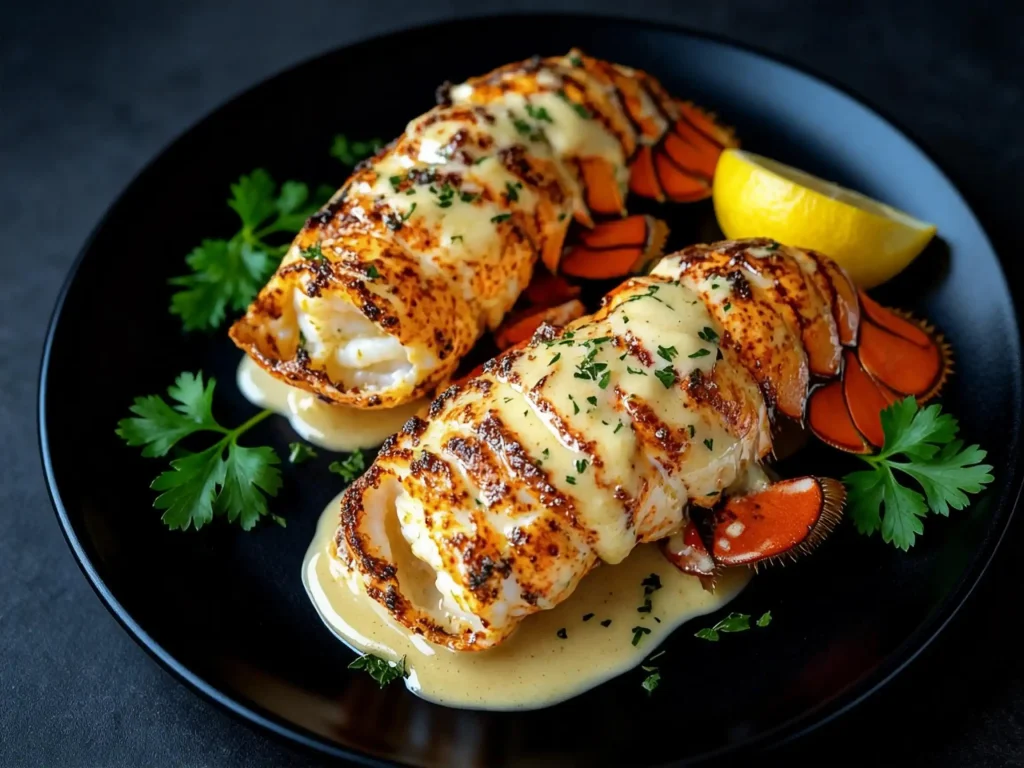 Broiled lobster tails brushed with garlic lemon butter for New Year's Eve dinner.