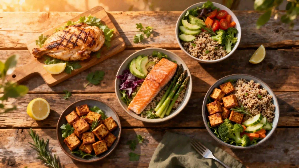 Colorful high protein dinner ideas spread with grilled chicken, salmon, tofu bowls, and fresh veggies for balanced weeknight meals