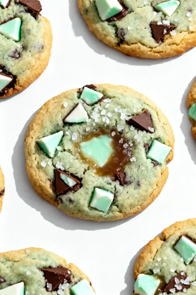 Chocolate mint chip round cookies with chopped mint chocolate pieces.
