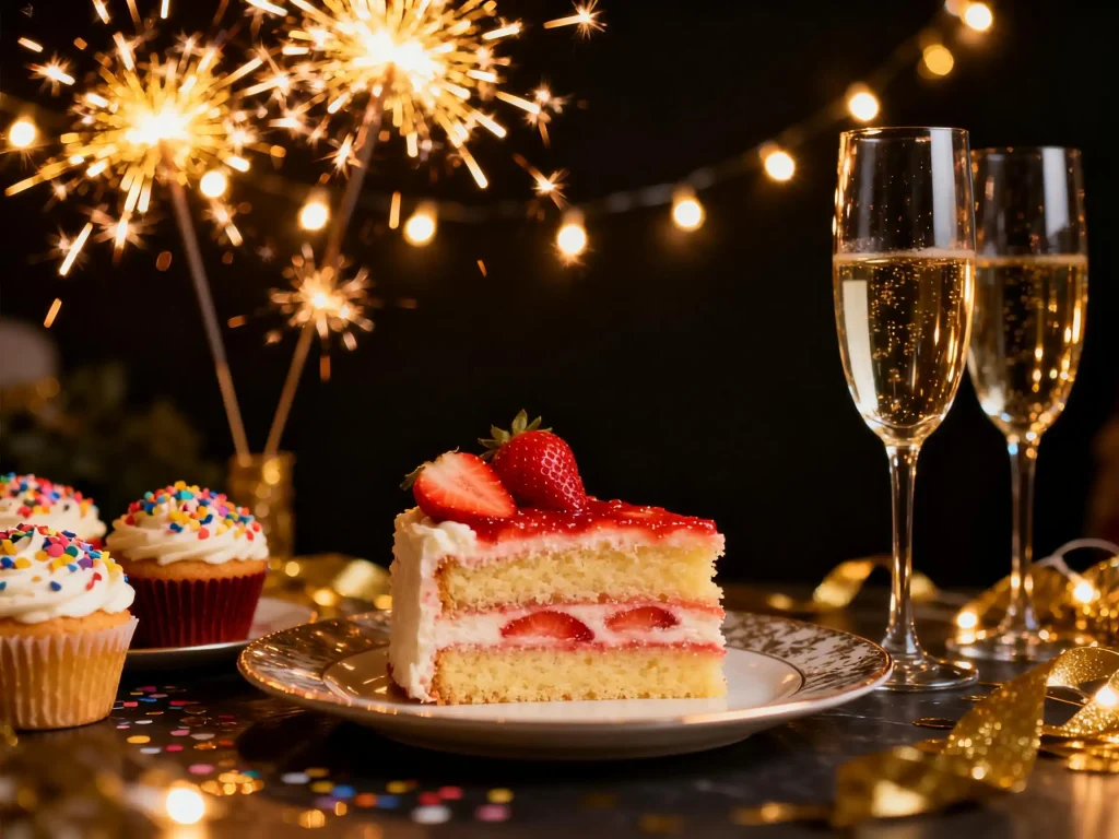 New Year's Eve dessert table with strawberry champagne cake, cupcakes, chocolate desserts, and fruit dip.