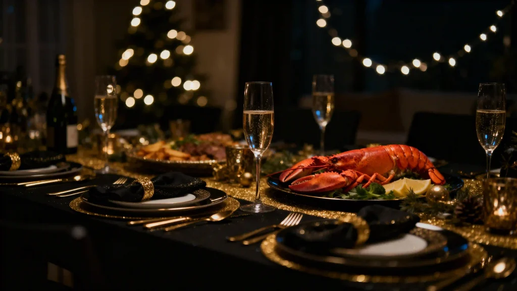 New Year's Eve dinner table with garlic butter lobster tails, champagne, and a restrained gold-and-black setting.