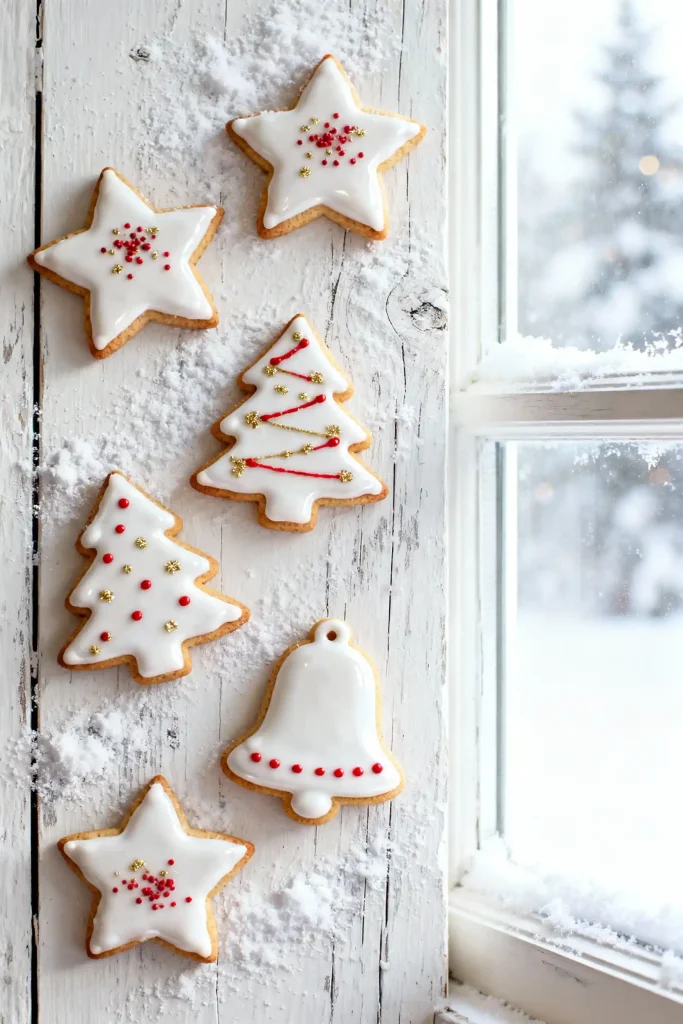 Holiday cutout sugar cookies with simple red, green, and white icing.
