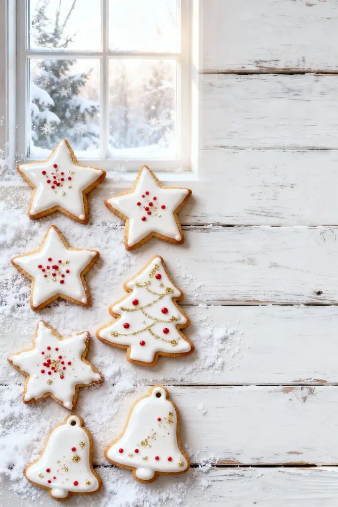 Decorated no-chill cutout sugar cookies in festive shapes on a baking tray.