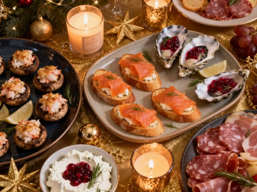 New Year's Eve appetizer spread with crab stuffed mushrooms, oysters, salmon crostini, and dips.