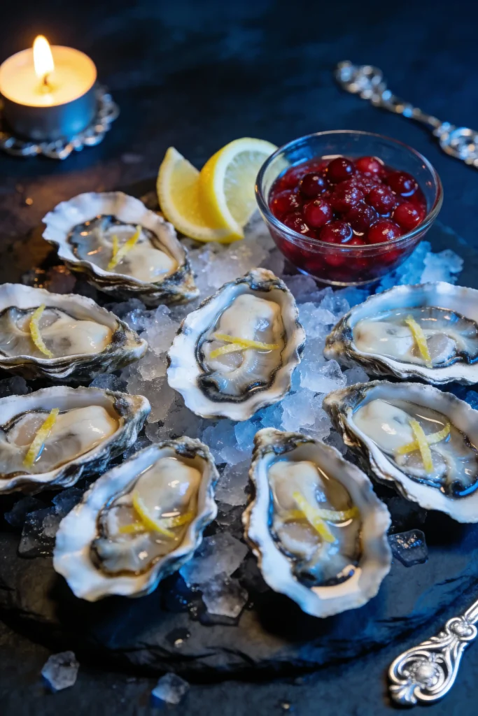 Fresh oysters served with cranberry mignonette for a festive New Year's Eve appetizer.