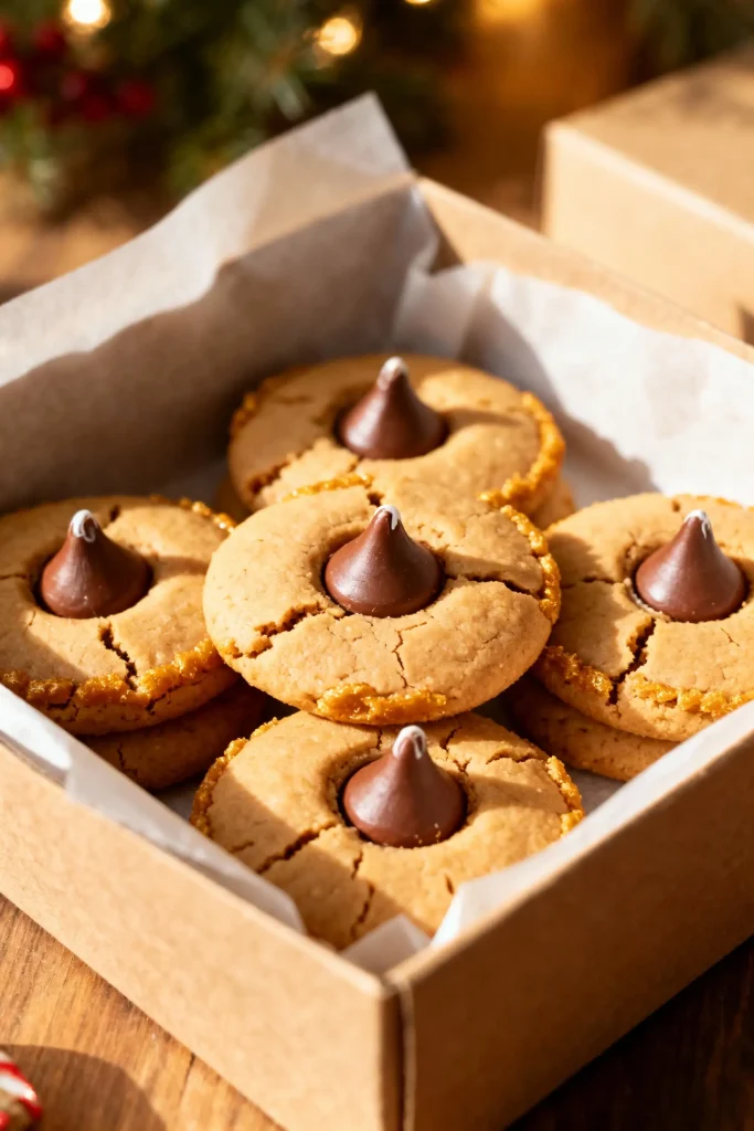 Peanut butter blossom cookies topped with chocolate centers.
