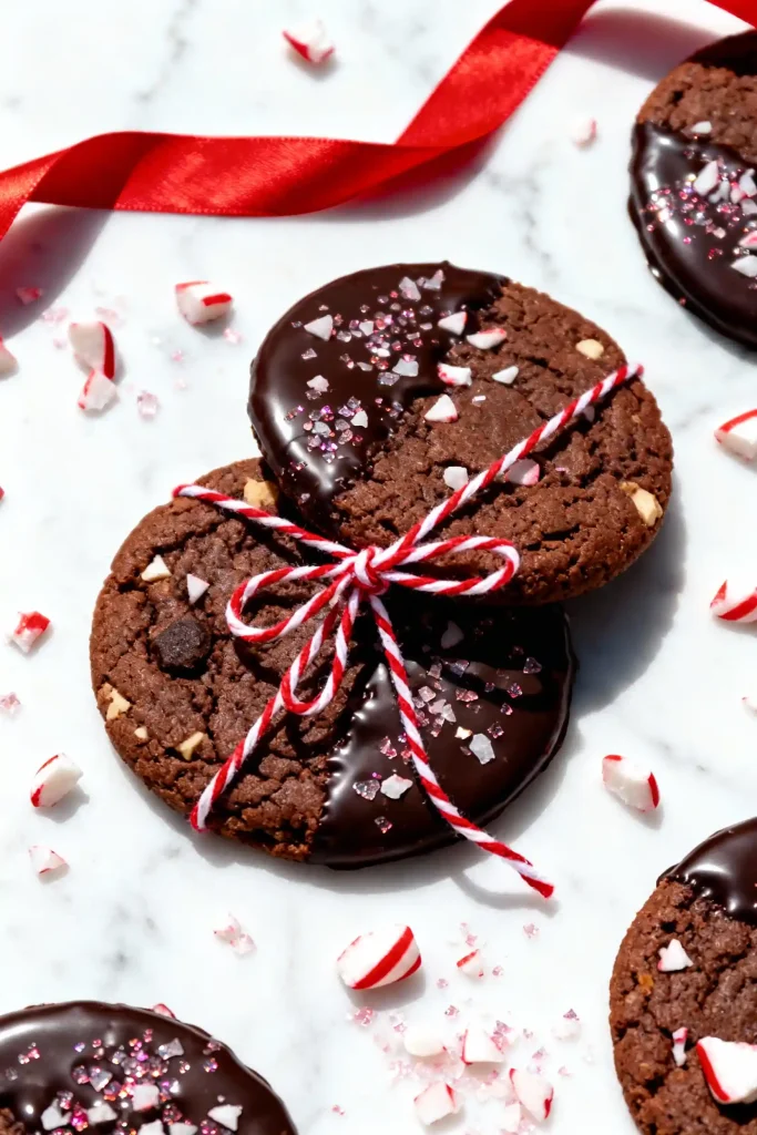 Peppermint crunch cookies dipped in chocolate and topped with crushed candy cane.