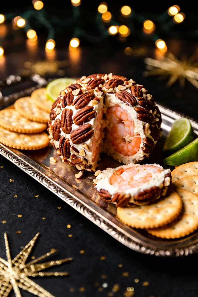 Shrimp cheese ball coated with herbs and served with crackers for a New Year's Eve party.