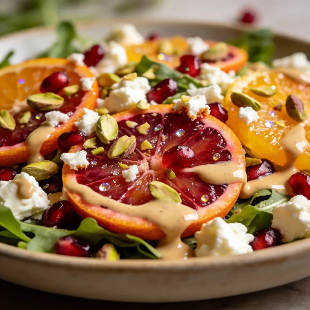Winter citrus salad with oranges, grapefruit, greens, feta, and a creamy tahini dressing.