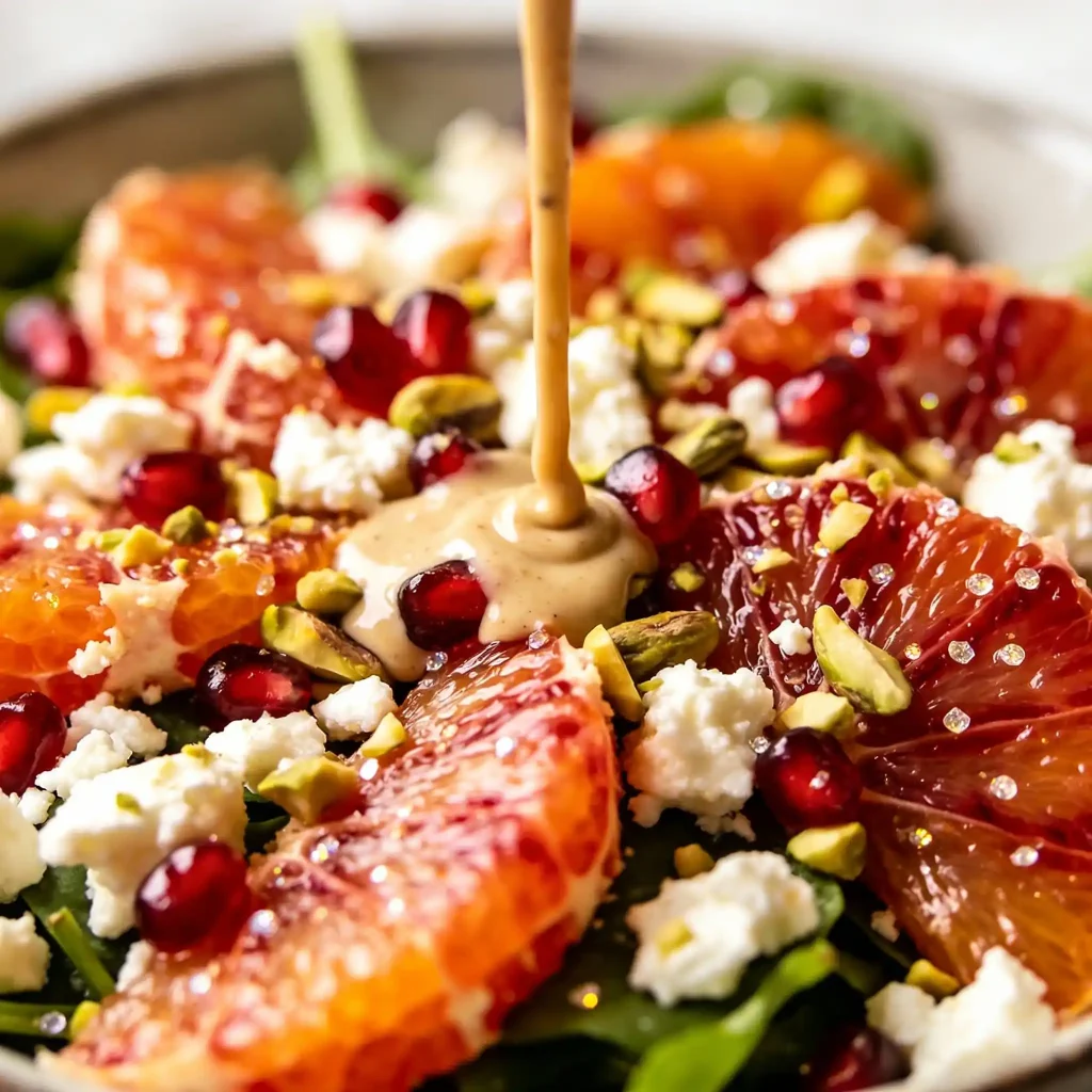 Citrus, greens, feta, nuts, and dressing ingredients for a winter Christmas salad.