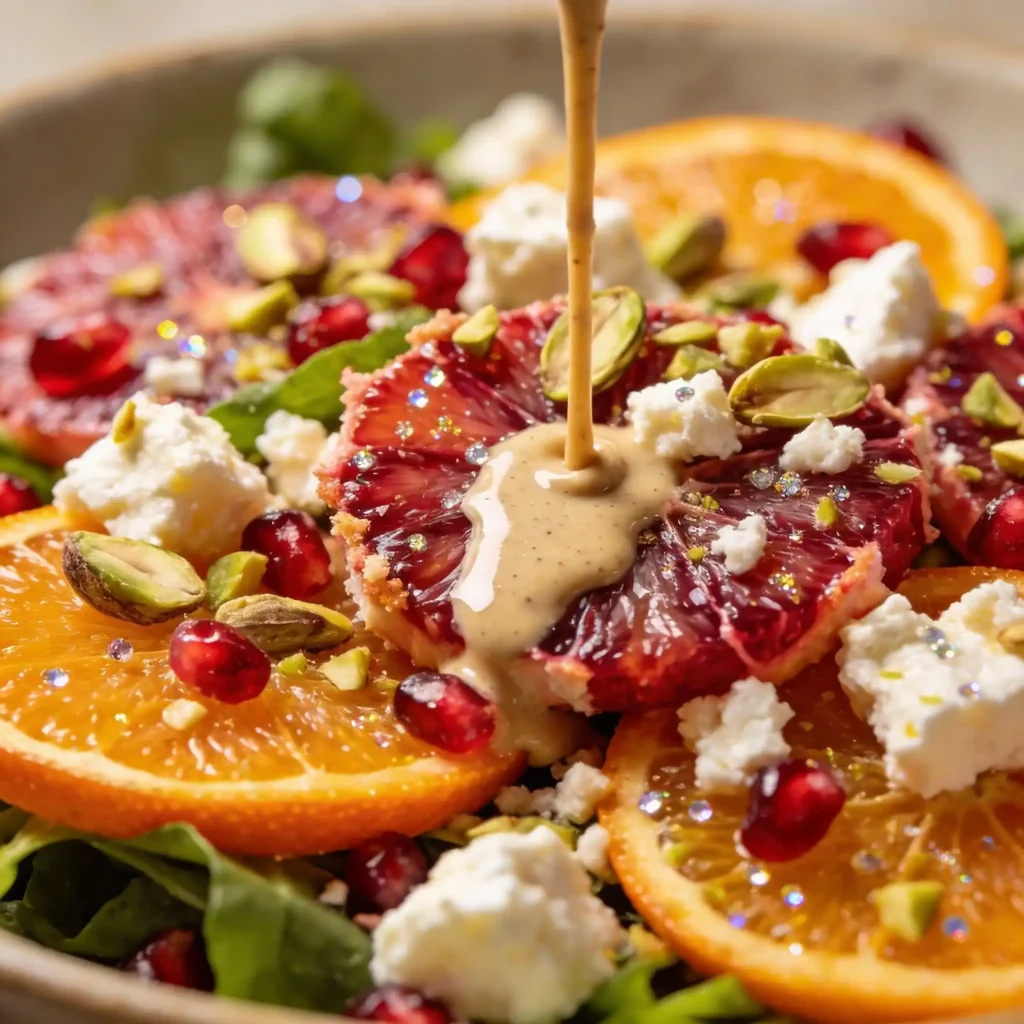 Finished winter citrus salad with greens, feta, citrus segments, and dressing on a holiday table.