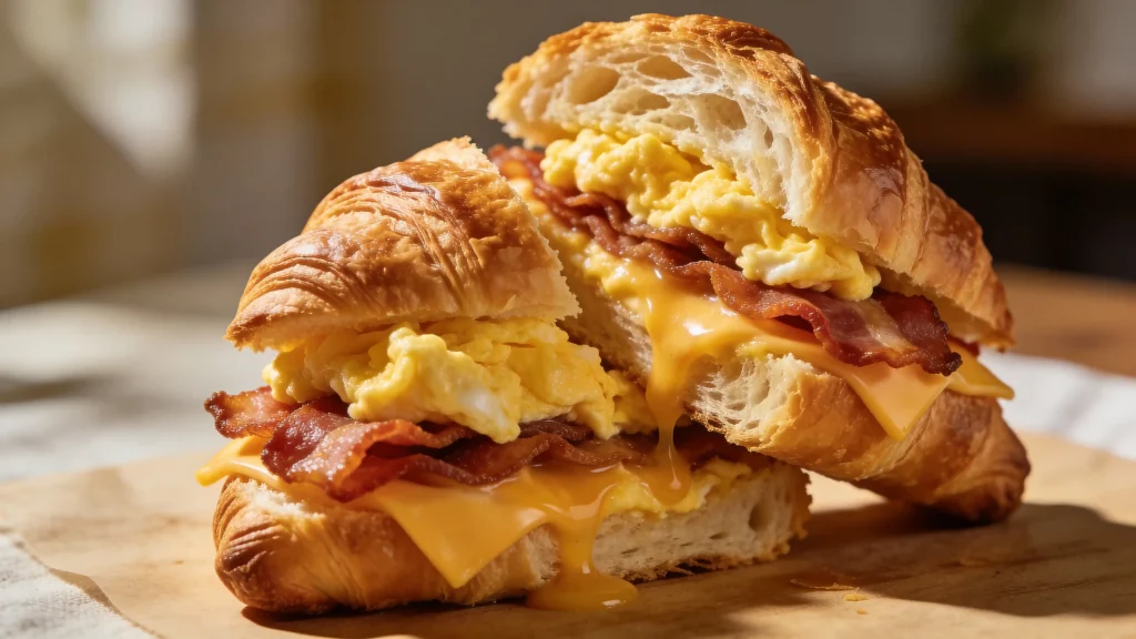 Flaky croissant breakfast sandwich cut in half showing fluffy soft scrambled eggs, crispy bacon, and oozing melty cheddar cheese
