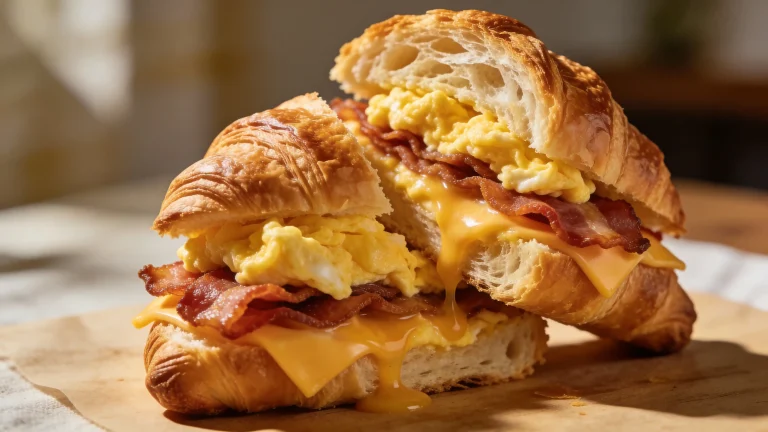 Flaky croissant breakfast sandwich cut in half showing fluffy soft scrambled eggs, crispy bacon, and oozing melty cheddar cheese
