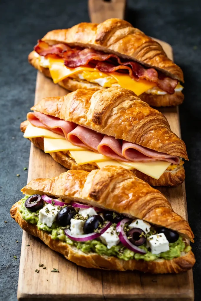Three variations of croissant breakfast sandwich: bacon, ham, and vegetarian Greek-style with feta