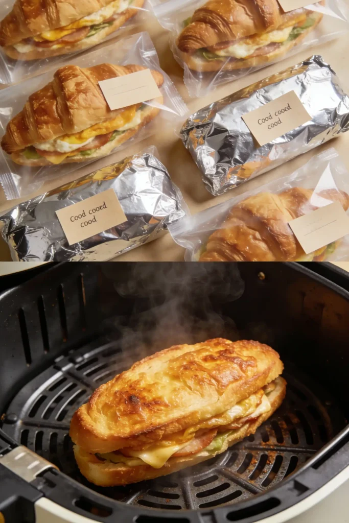 Make-ahead croissant breakfast sandwiches wrapped for freezing and reheated crispy version