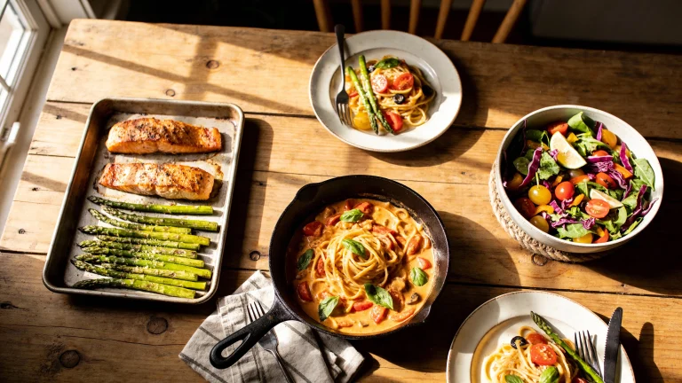 A rustic dining table spread featuring various quick dinner recipe ideas for busy nights, including sheet pan salmon, creamy skillet pasta, and fresh salad.