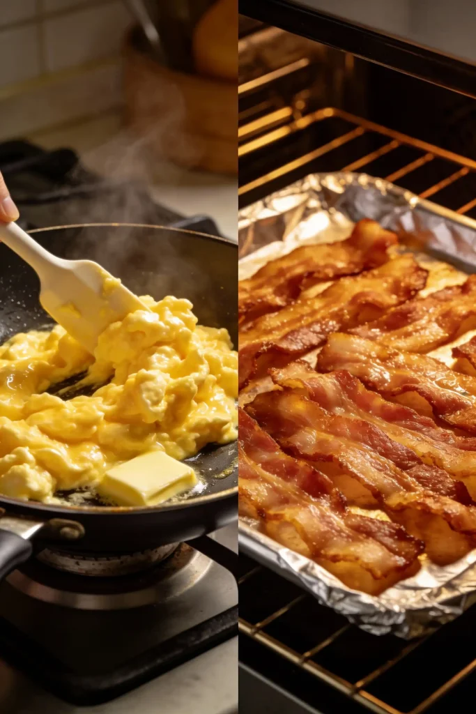 Soft scrambled eggs and crispy oven-baked bacon for perfect croissant breakfast sandwich texture