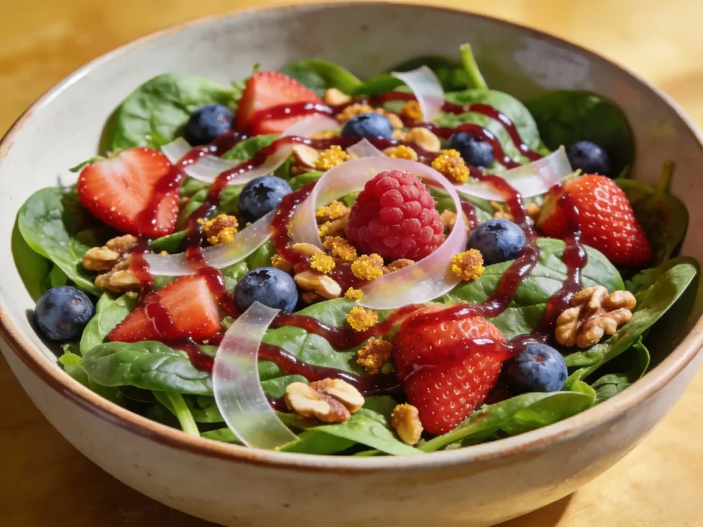 Berry spinach salad with raspberry vinaigrette to lighten an Easter menu